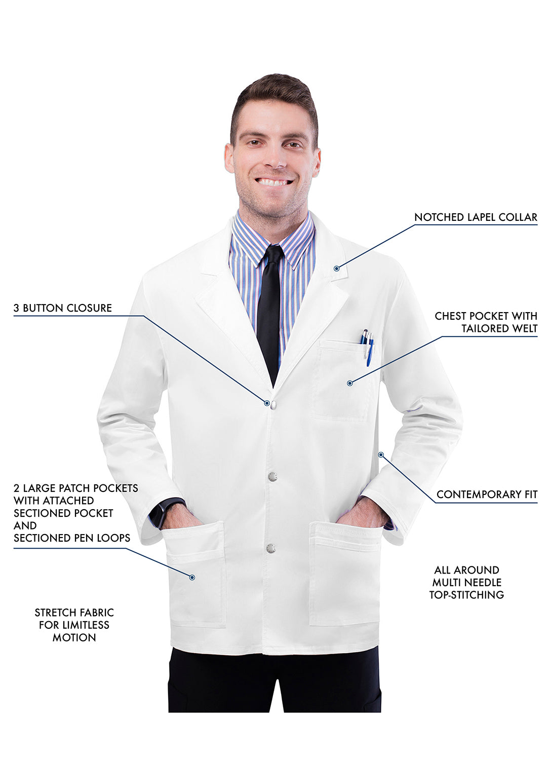 Adar Universal STRETCH Mens 31" Snap Front Lab Coat