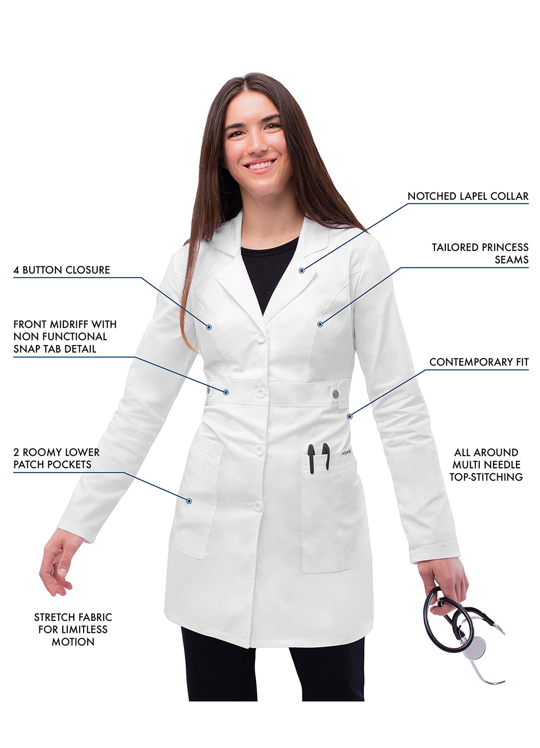 Adar Universal STRETCH Women's 36" Tab-Waist Lab Coat