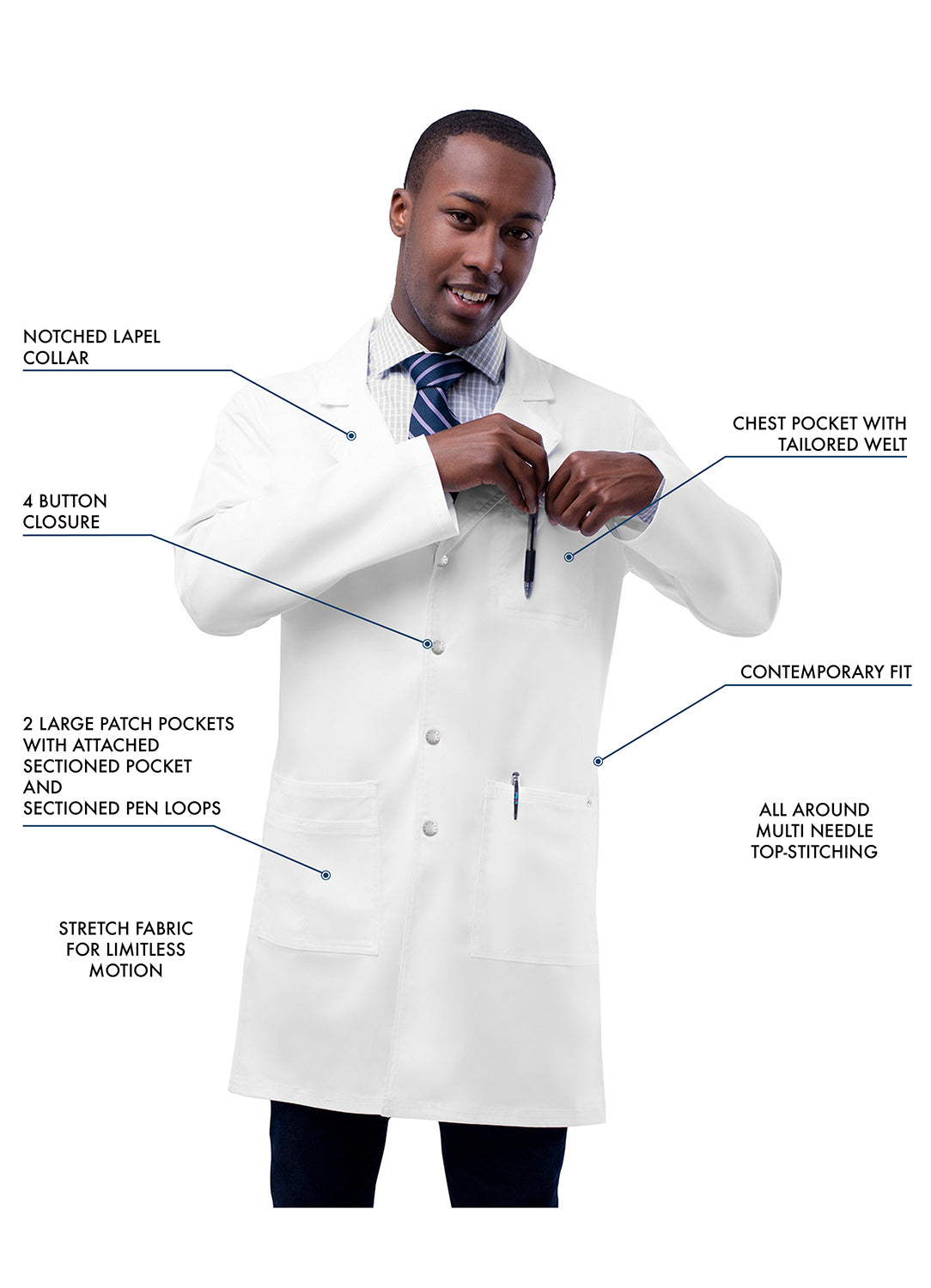 Adar Universal STRETCH Unisex 36" Snap Front Lab Coat