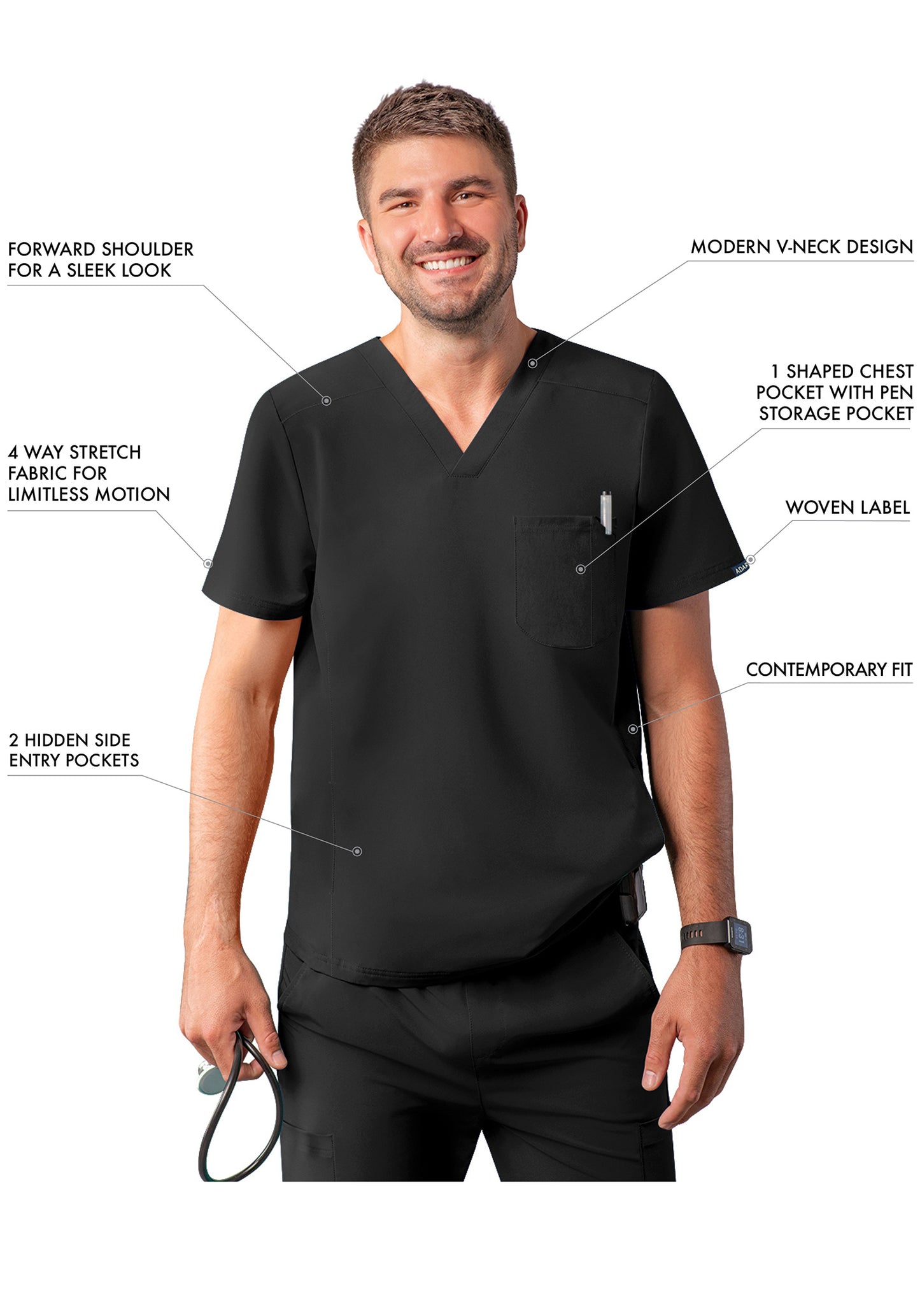 ADAR Addition Men's Modern Multi-pocket V-Neck Scrub Top