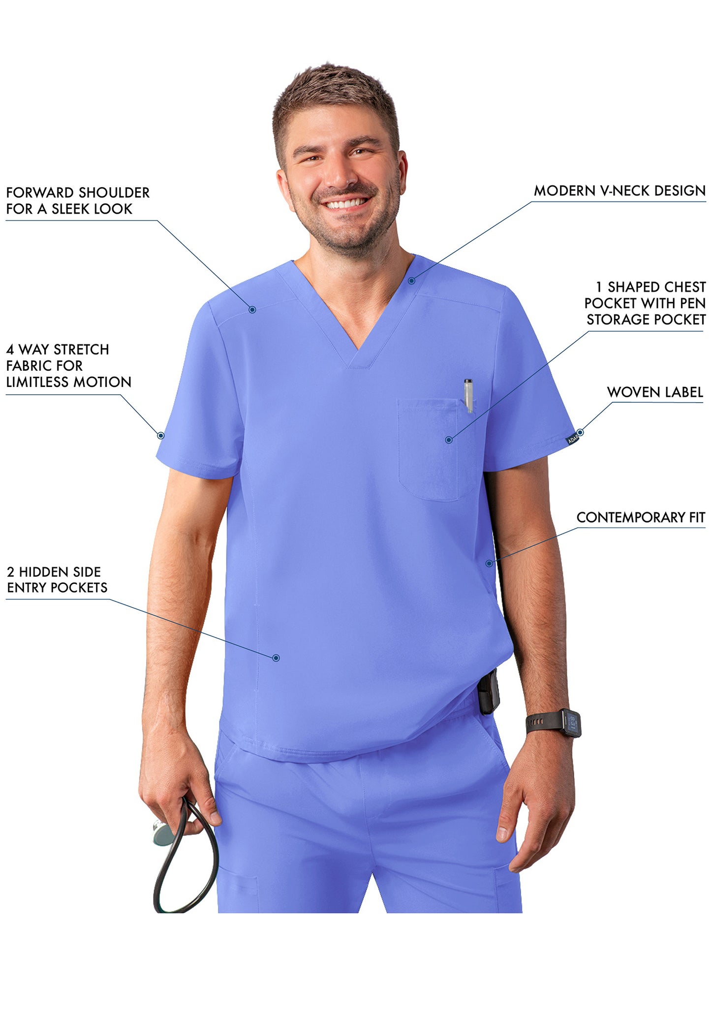 ADAR Addition Men's Modern Multi-pocket V-Neck Scrub Top