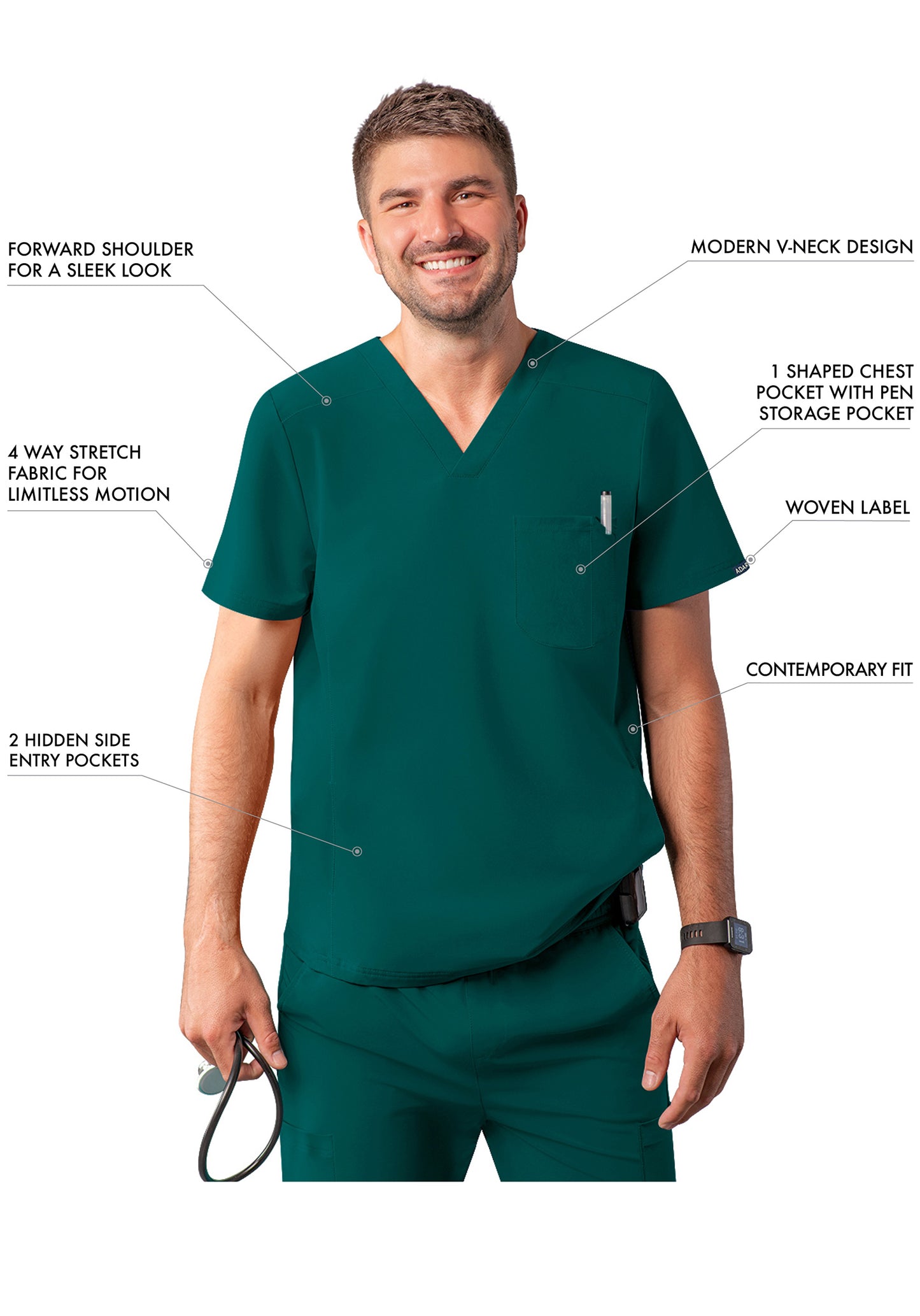ADAR Addition Men's Modern Multi-pocket V-Neck Scrub Top