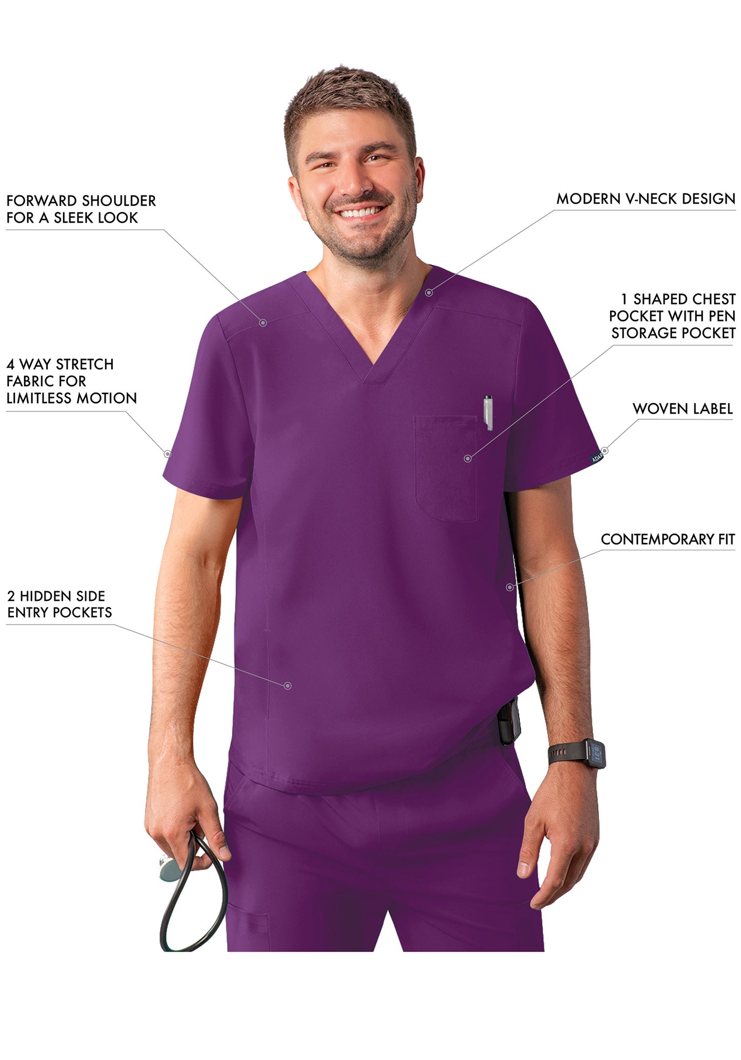 ADAR Addition Men's Modern Multi-pocket V-Neck Scrub Top