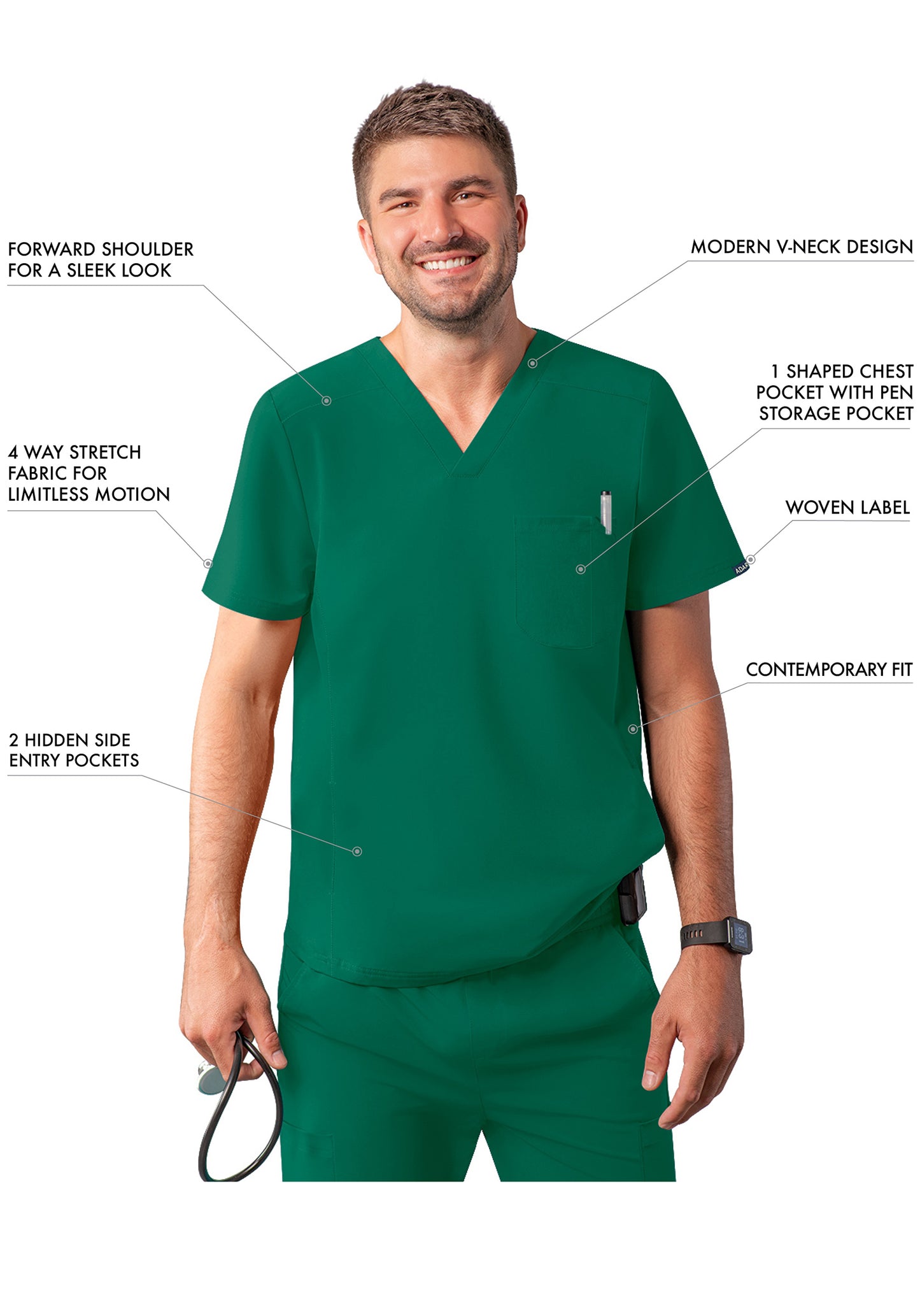 ADAR Addition Men's Modern Multi-pocket V-Neck Scrub Top