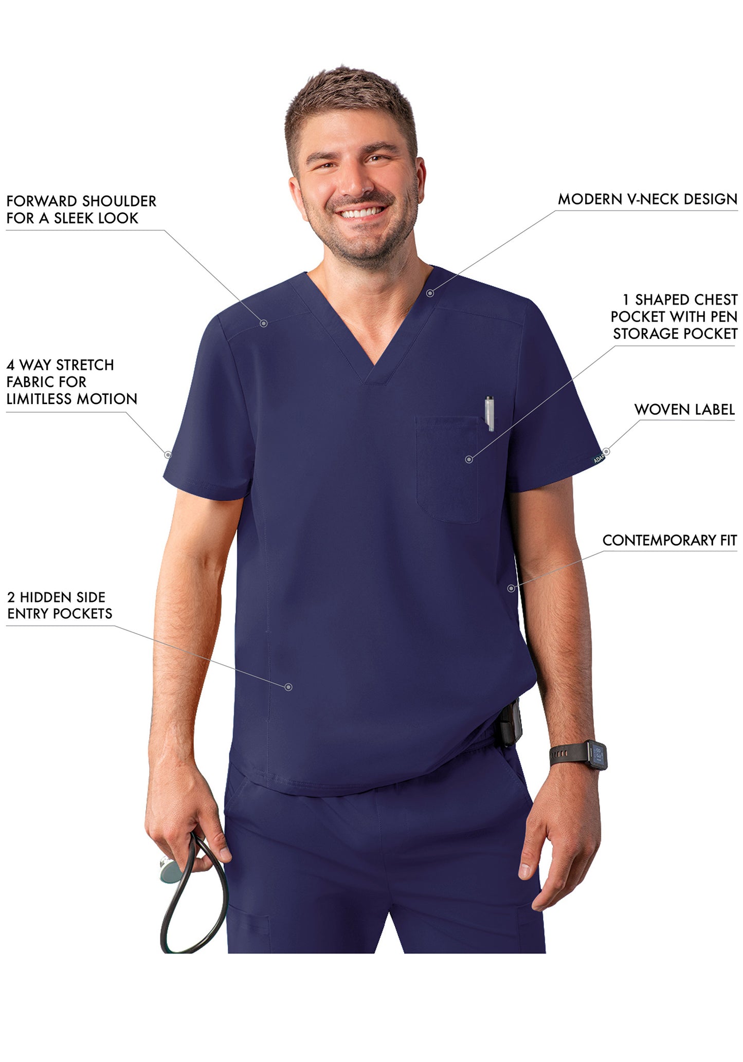 ADAR Addition Men's Modern Multi-pocket V-Neck Scrub Top