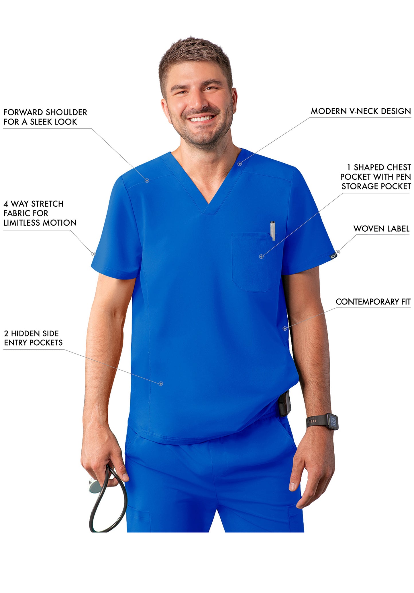 ADAR Addition Men's Modern Multi-pocket V-Neck Scrub Top