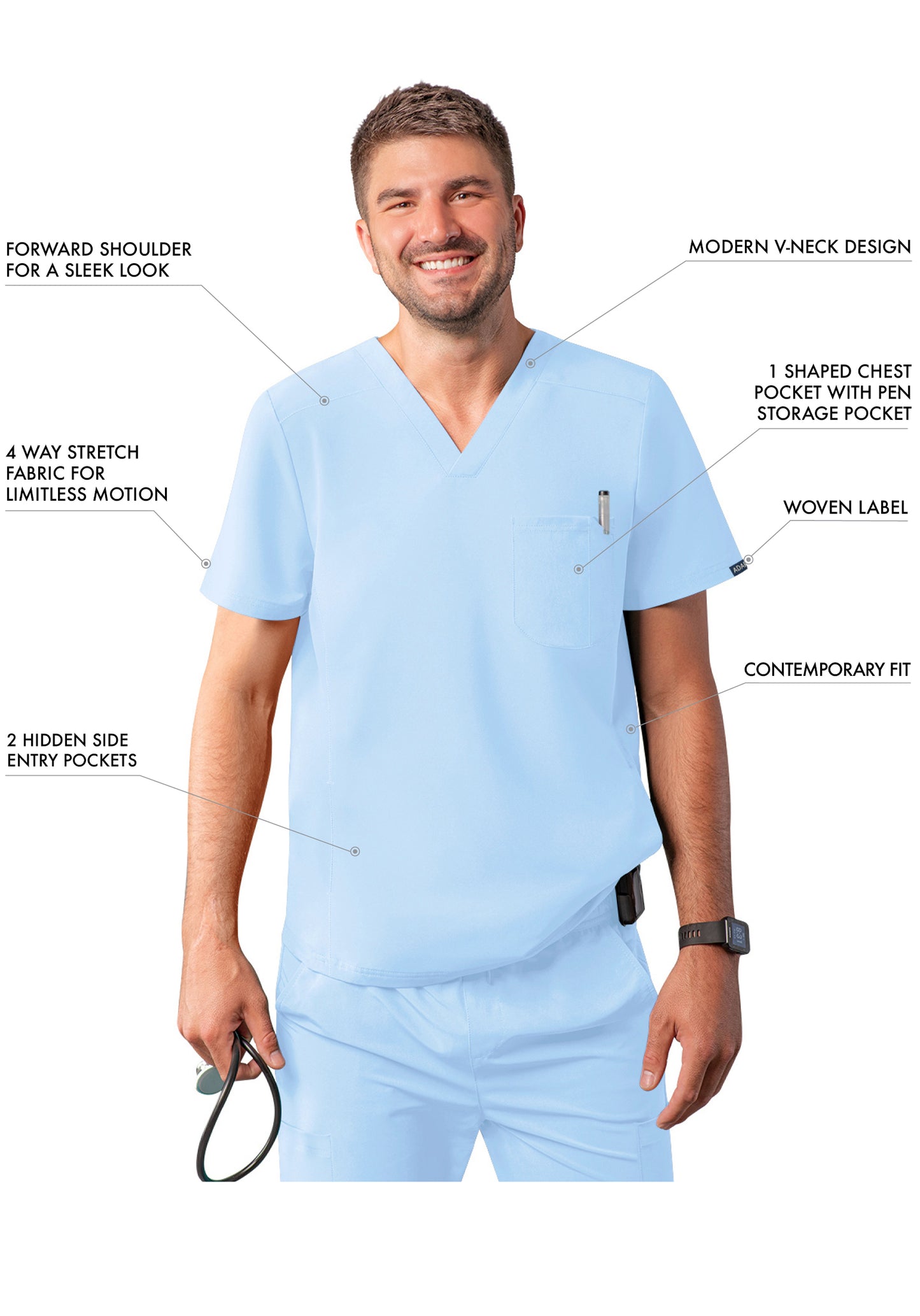 ADAR Addition Men's Modern Multi-pocket V-Neck Scrub Top