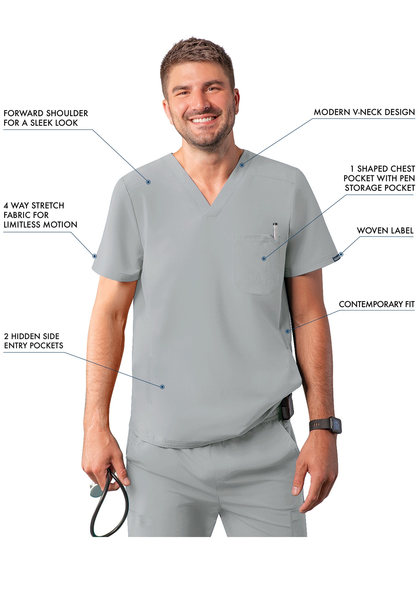 ADAR Addition Men's Modern Multi-pocket V-Neck Scrub Top