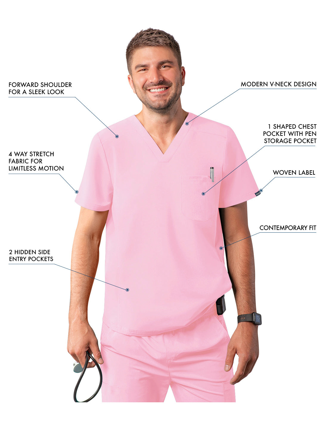 ADAR Addition Men's Modern Multi-pocket V-Neck Scrub Top