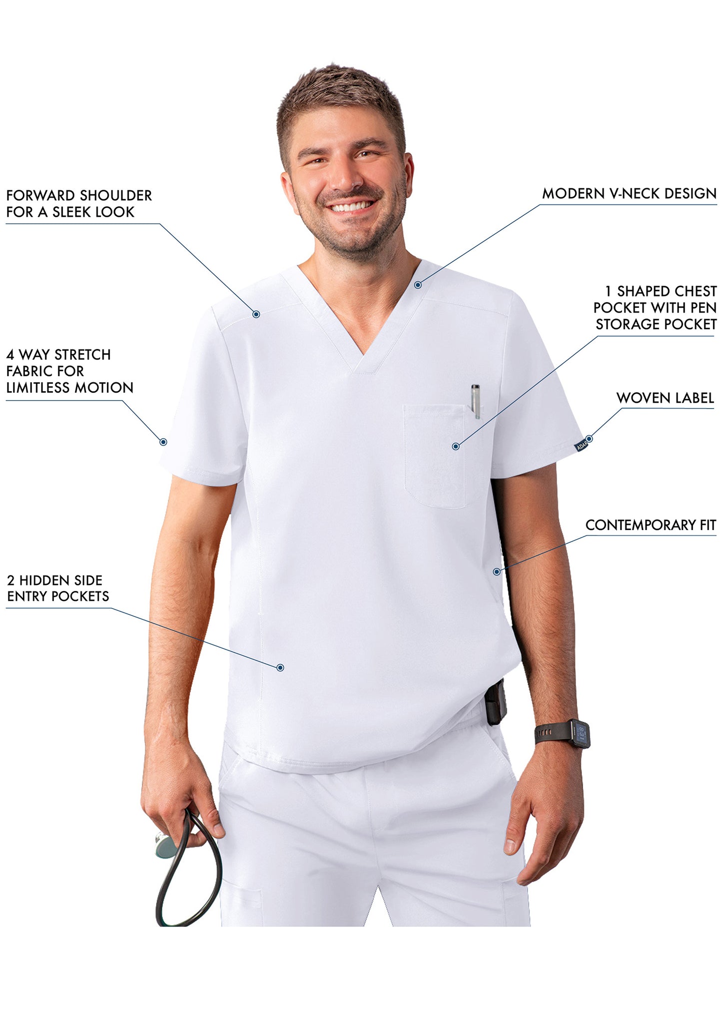 ADAR Addition Men's Modern Multi-pocket V-Neck Scrub Top (More Color)