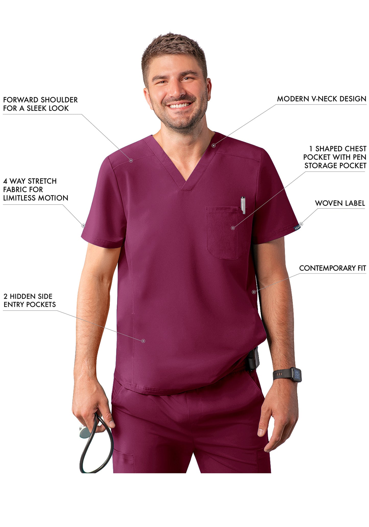 ADAR Addition Men's Modern Multi-pocket V-Neck Scrub Top (More Color)