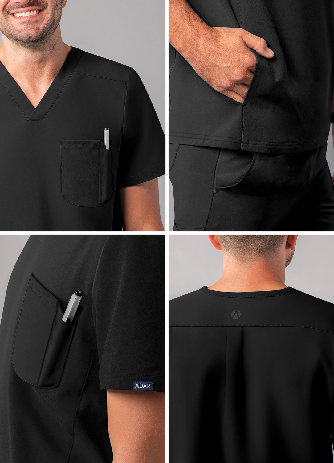 ADAR Addition Men's Modern Multi-pocket V-Neck Scrub Top