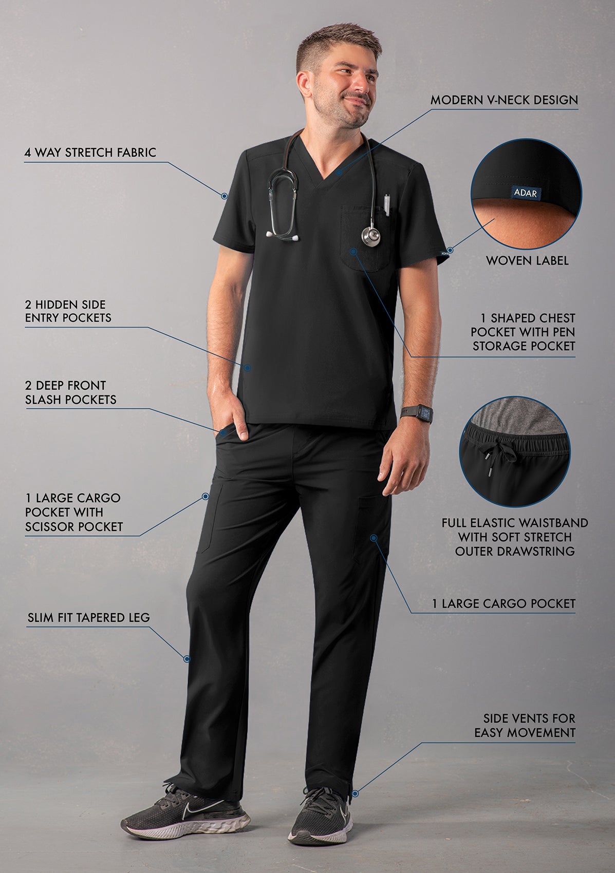 ADAR Addition Men's Go-Everyday Cargo Scrub Set