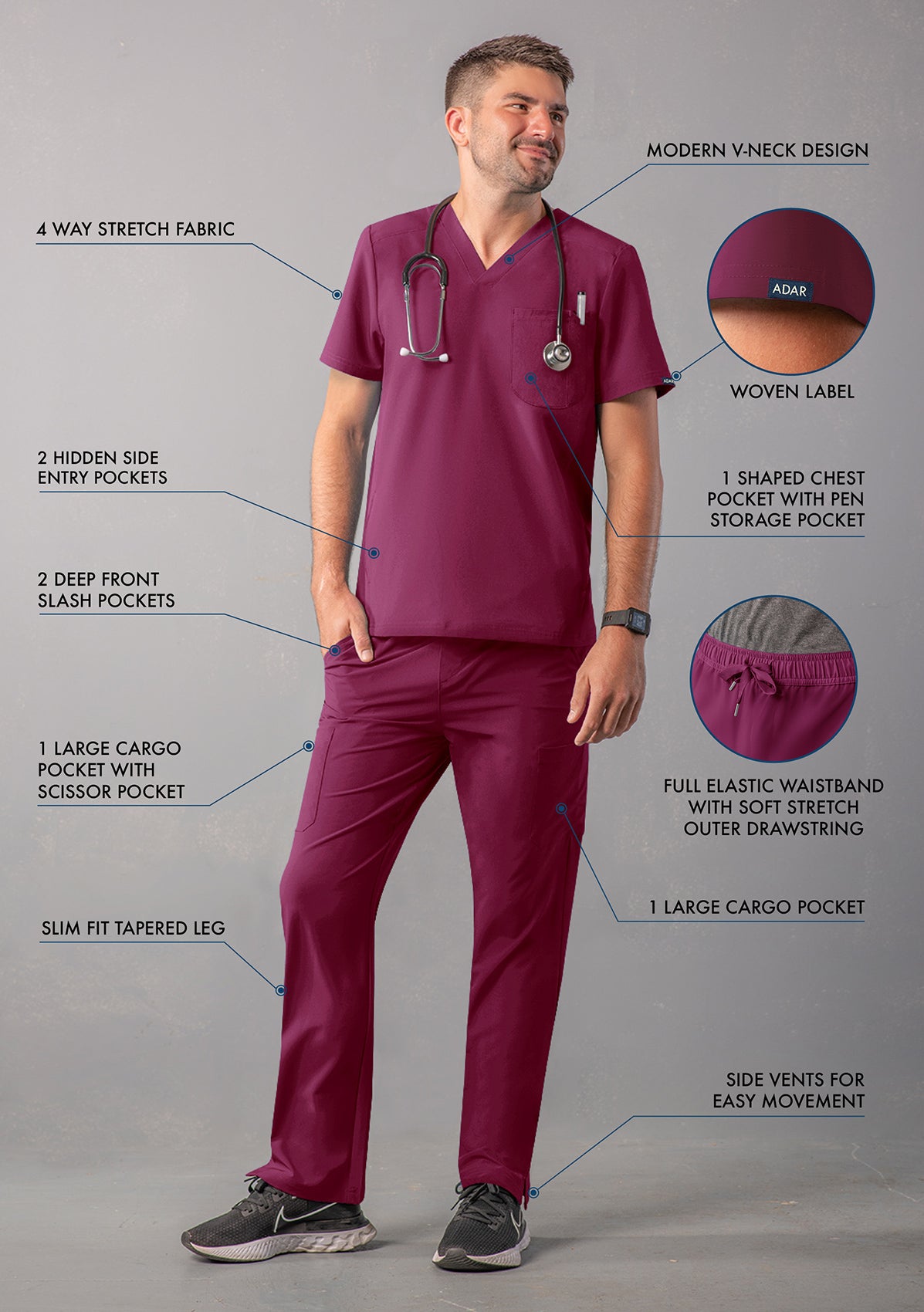 ADAR Addition Men's Go-Everyday Cargo Scrub Set