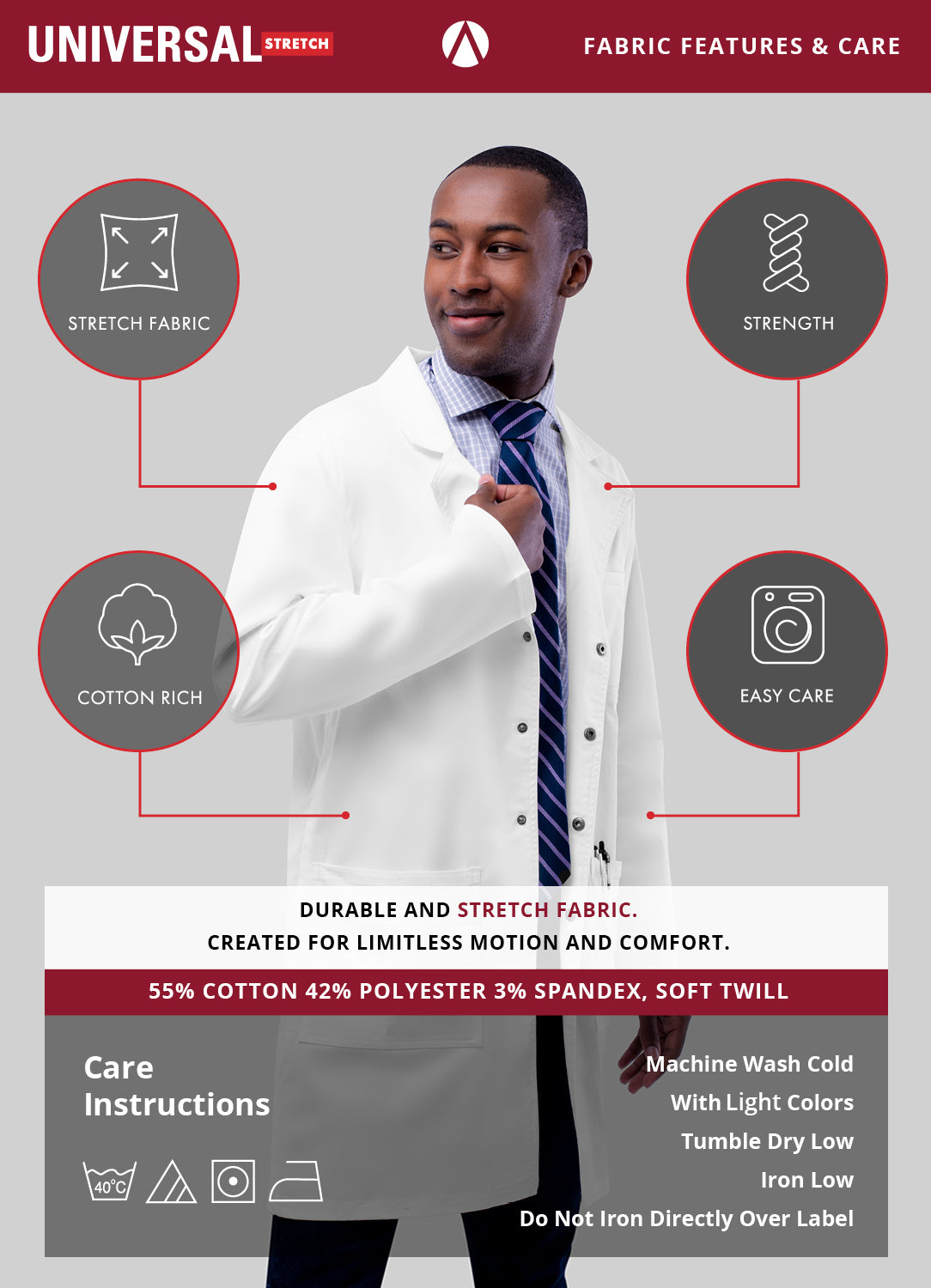 Adar Universal STRETCH Mens 31" Snap Front Lab Coat