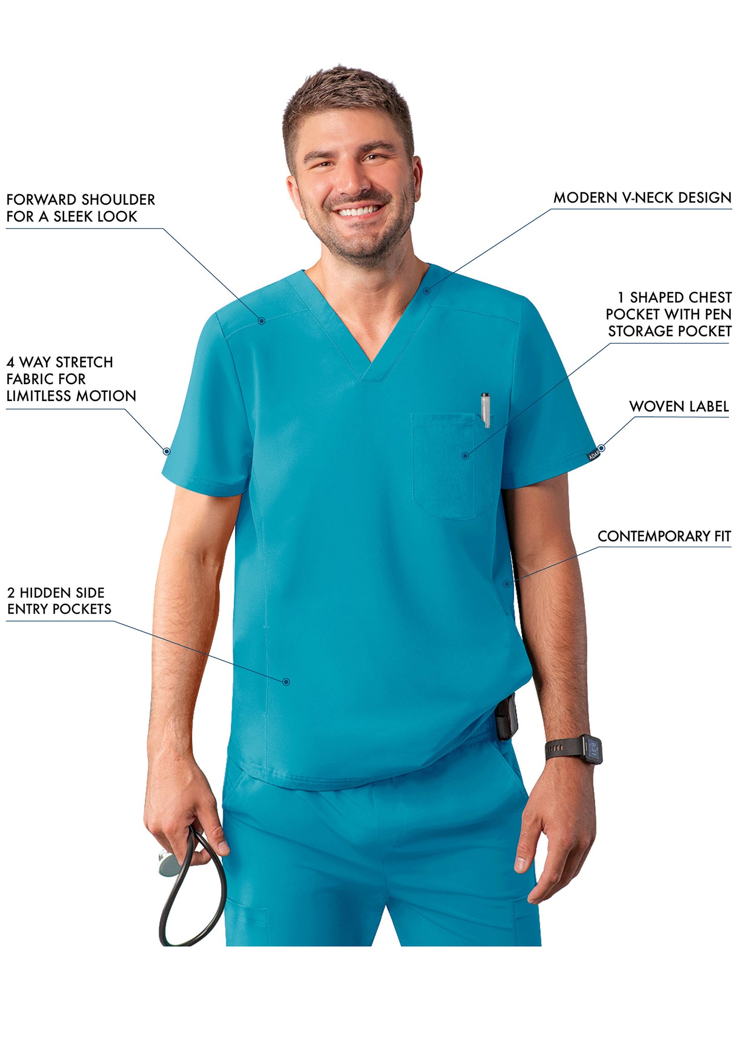 ADAR Addition Men's Modern Multi-pocket V-Neck Scrub Top (More Color)